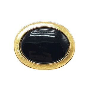 Vintage Gold Tone Oval Brooch With Black Enamel Center 2 Inches Pinback